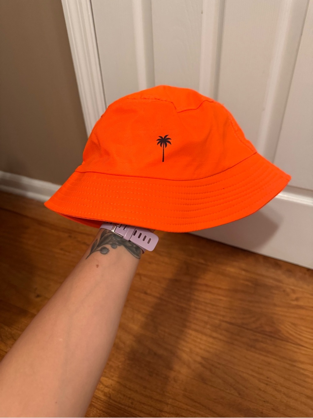 Neon Orange Bucket Hat with Palm Tree Accent
